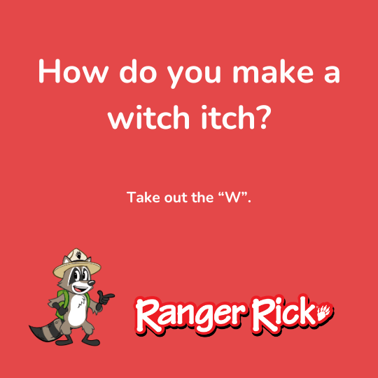 A joke on a red background: "How do you make a witch itch? Take out the 'W'."