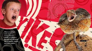 Magazine spread about animal fear with fight flight and freeze responses and porcupine quills