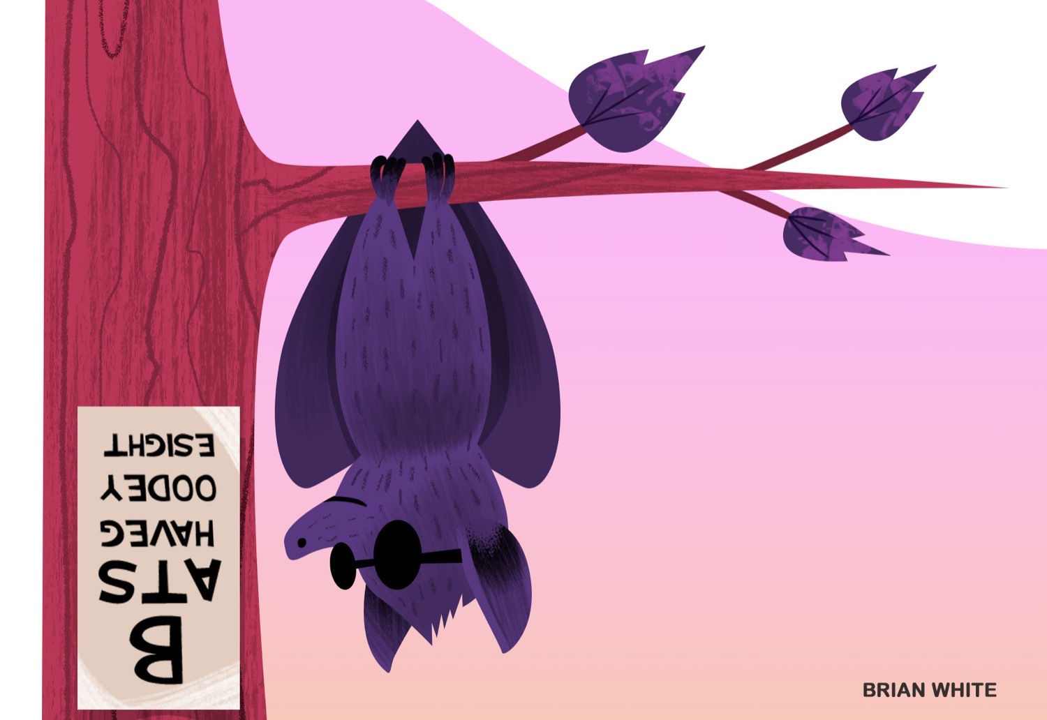 Illustrated bat hanging upside down reading a book about having good eyesight