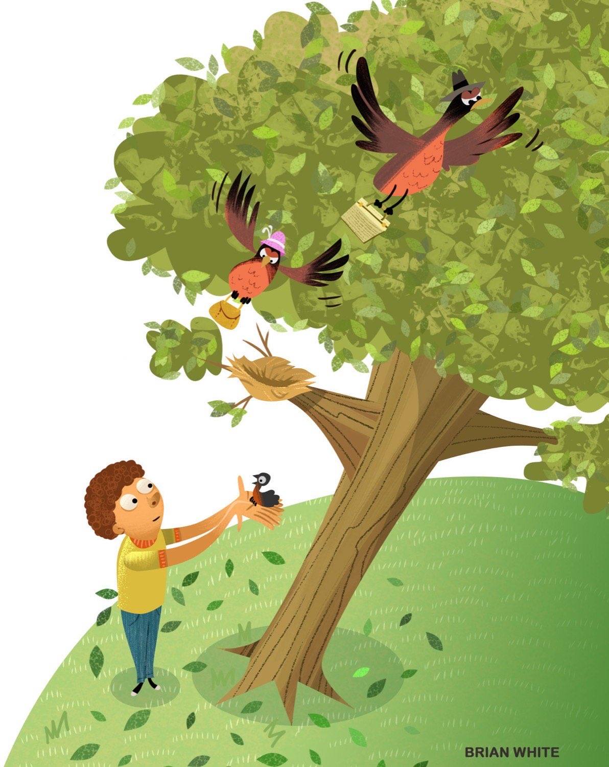 Illustrated bird parents angrily rejecting a baby bird a boy is returning to the nest
