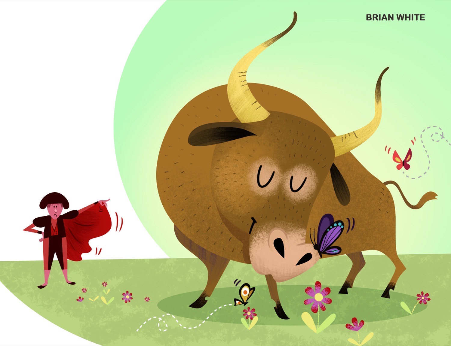 Illustrated bull sniffing a butterfly while ignoring a matador waving a red cape