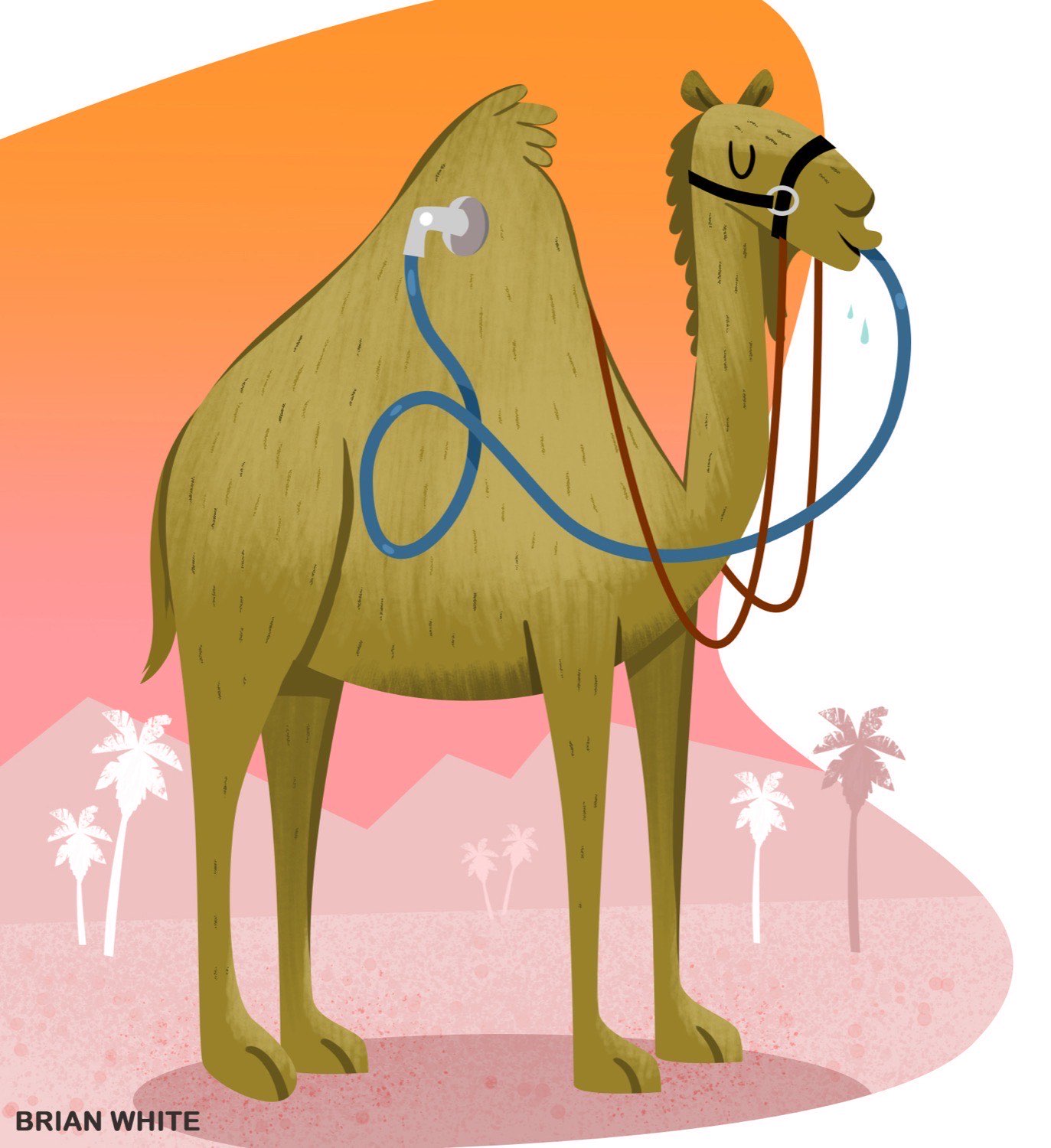 Illustrated camel drinking water from a hose connected to its hump in the desert