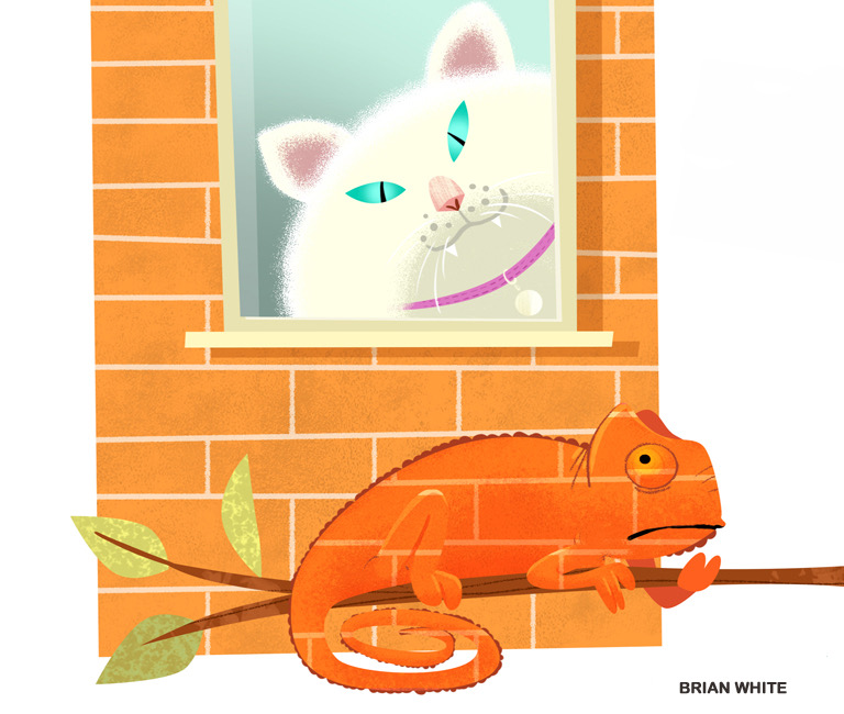 Illustrated chameleon camouflaged against an orange brick wall while a curious cat watches