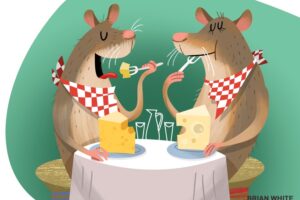 Two illustrated mice dining on cheese at a restaurant table with checkered napkins