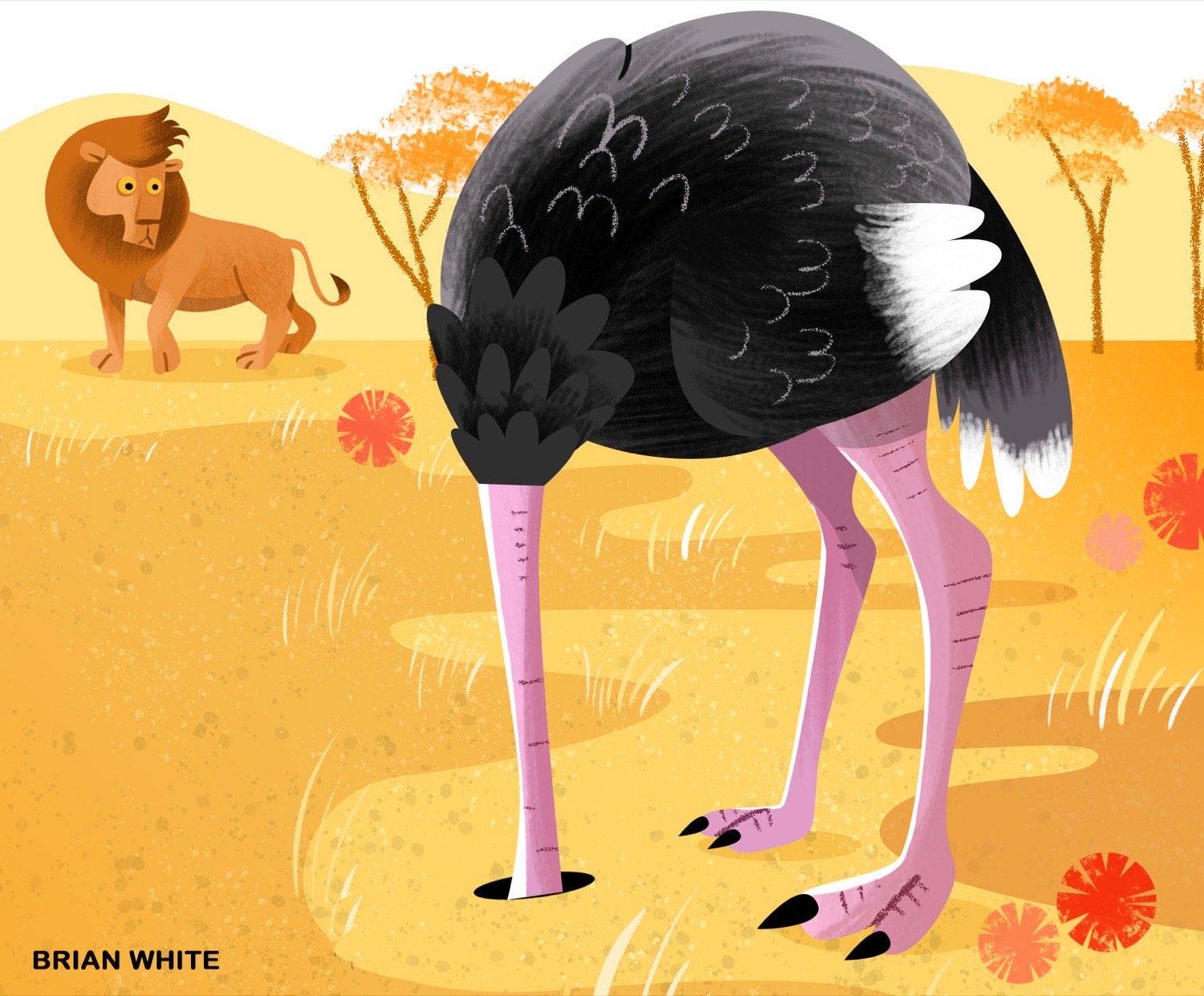 Illustrated ostrich with its head buried in the sand while a lion approaches in the African savanna