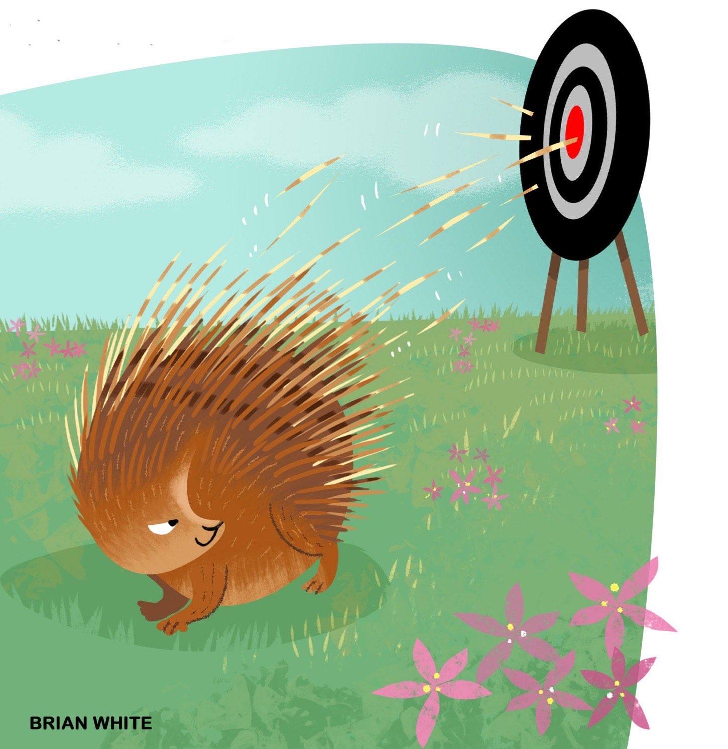 Illustrated porcupine shooting quills at a bullseye target busting the quill-throwing myth