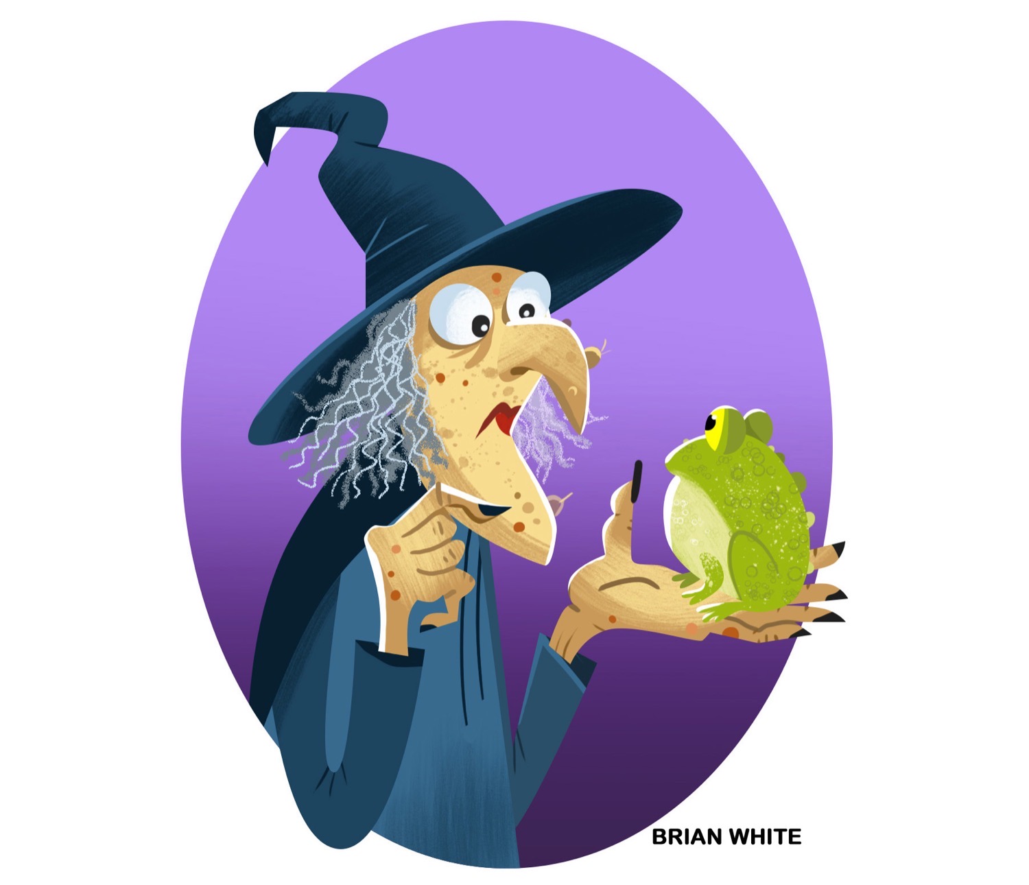 Illustrated witch with warts holding a toad busting the myth that toads cause warts