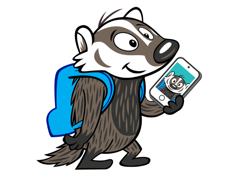 A cartoon badger with a blue backpack takes a selfie on a smartphone.
