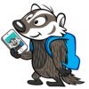 A cartoon badger with a blue backpack takes a selfie on a white smartphone.