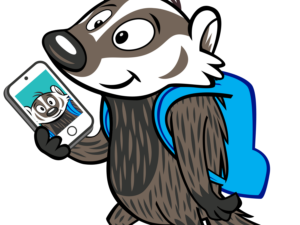 A cartoon badger with a blue backpack takes a selfie on a white smartphone.