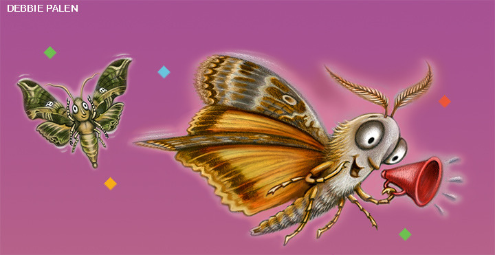 Cartoon brown moth with feathery antennae shouting into a red megaphone to call friends