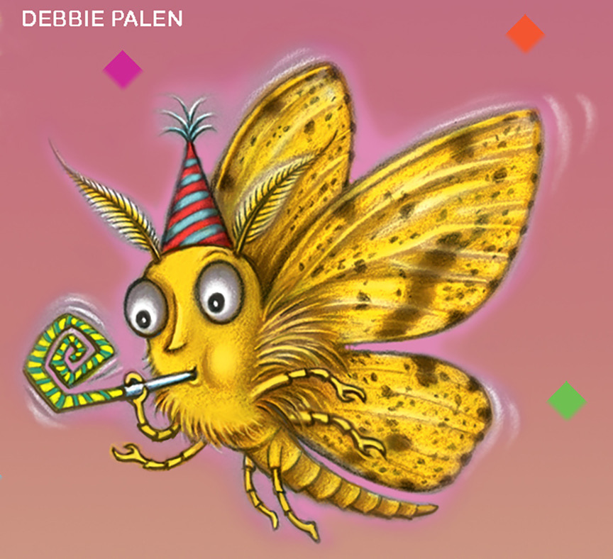 Cartoon yellow fuzzy moth wearing a striped party hat and blowing a noisemaker
