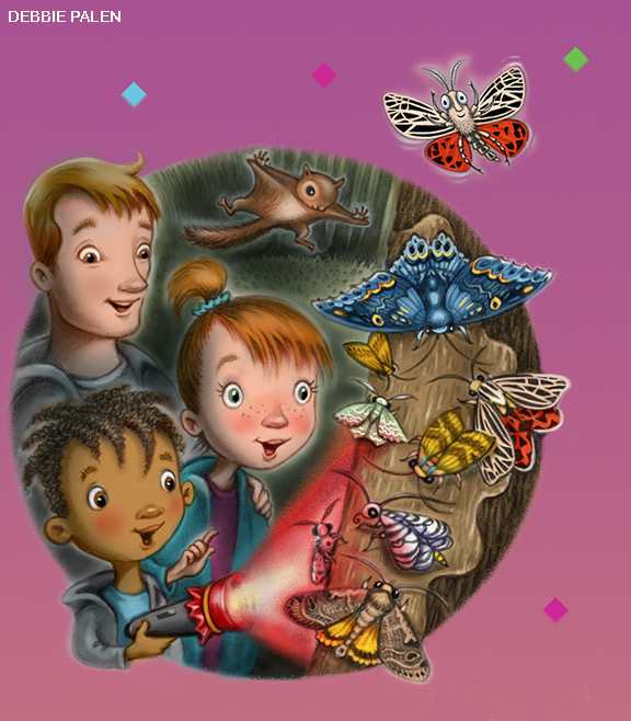 Illustrated three kids shining a flashlight on moths gathered on a tree trunk at night