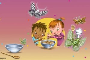 Illustrated two kids mixing moth bait in a bowl surrounded by cartoon moths at sunset