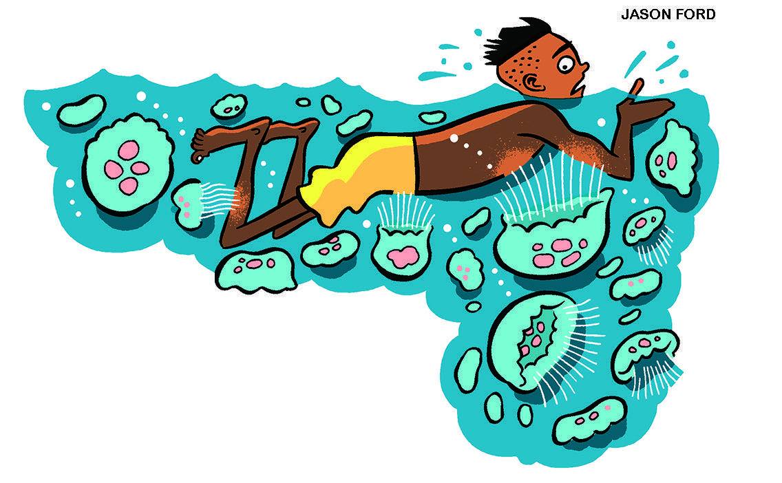 Illustration of a boy swimming through water filled with jellyfish