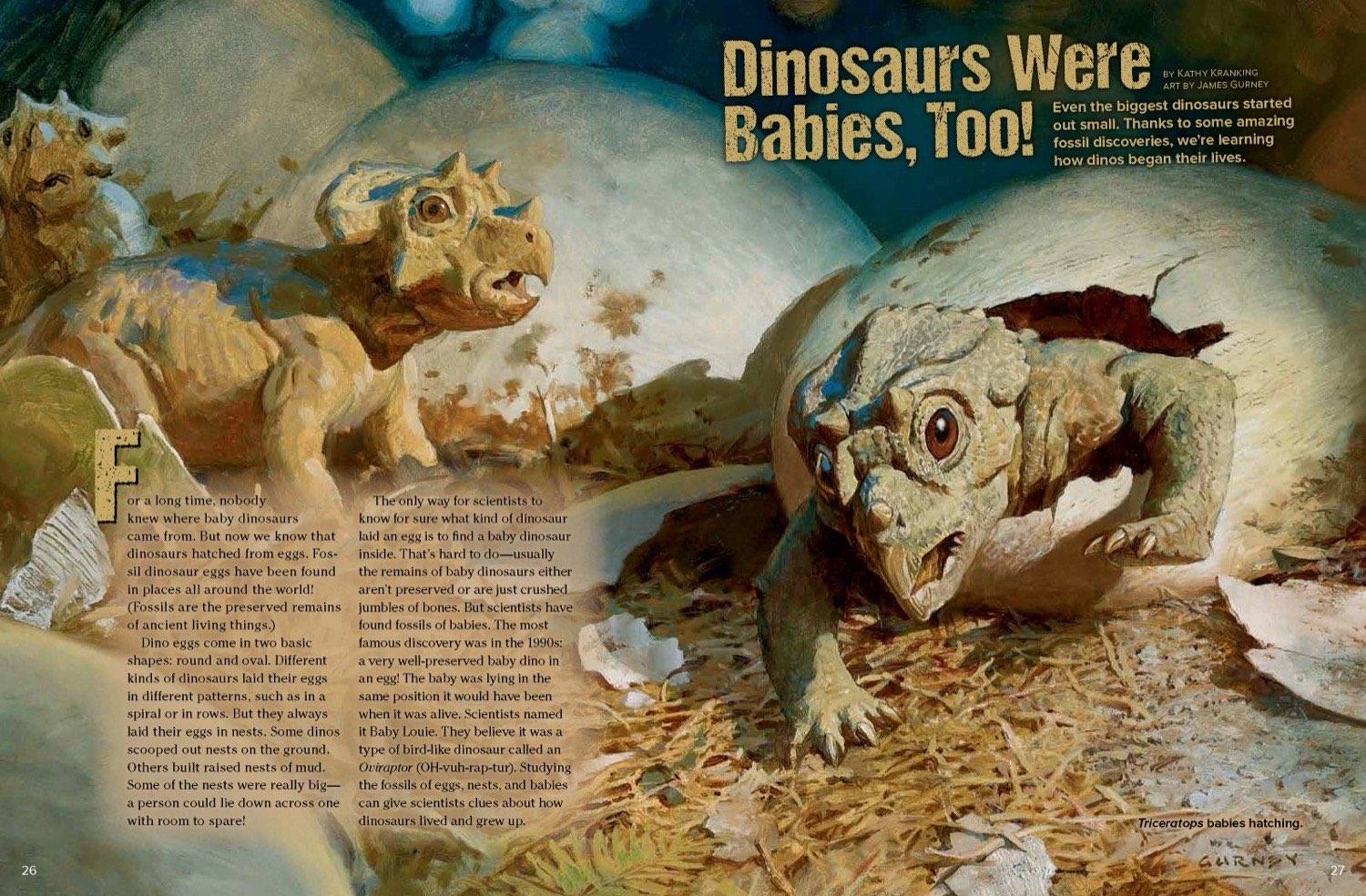 Magazine spread Dinosaurs Were Babies Too with baby triceratops hatching and fossil egg facts