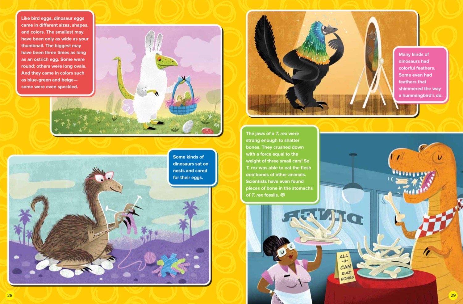 Illustrated magazine spread about dinosaur eggs colorful feathers and powerful T. rex jaws