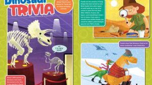 Ranger Rick magazine spread about dinosaur trivia featuring fossil skeletons and fun facts