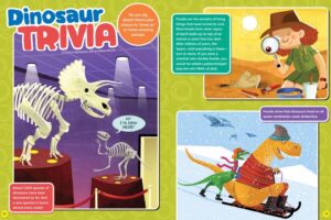 Ranger Rick magazine spread about dinosaur trivia featuring fossil skeletons and fun facts