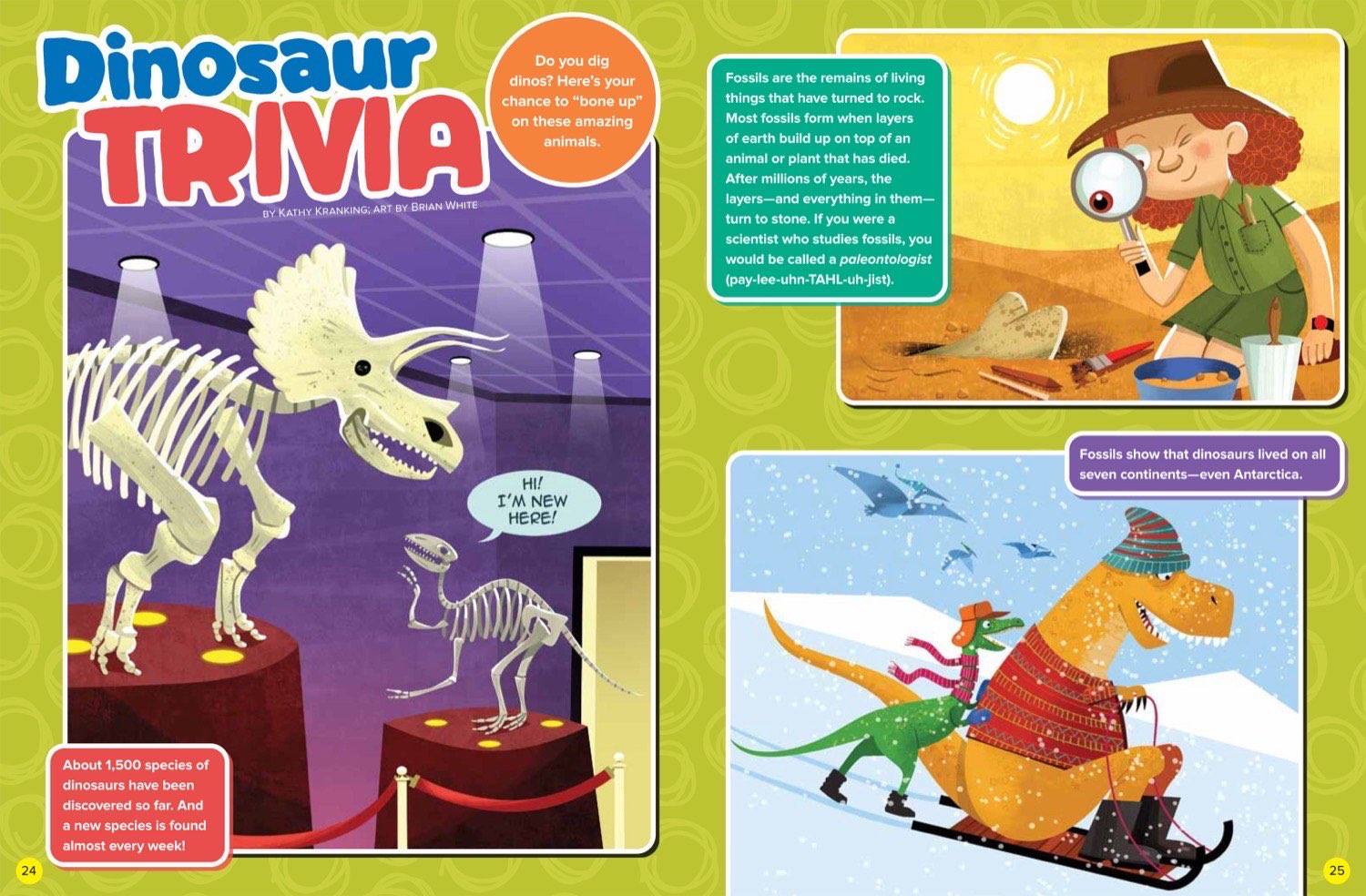 Ranger Rick magazine spread about dinosaur trivia featuring fossil skeletons and fun facts