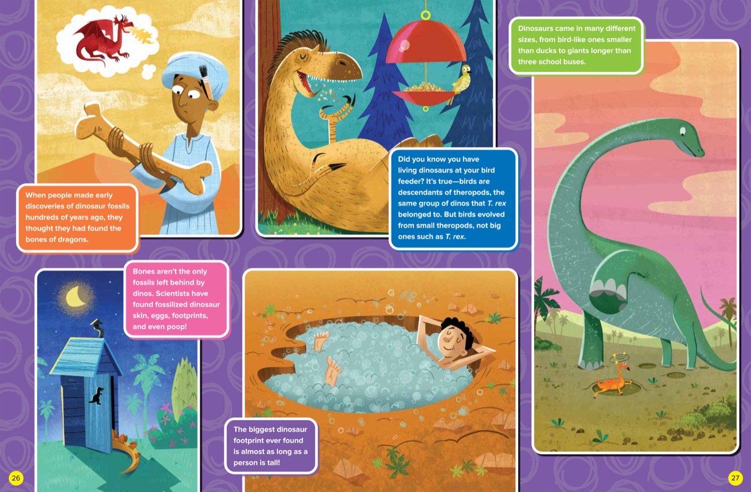 Illustrated magazine spread with dinosaur fun facts about fossils feathers and size
