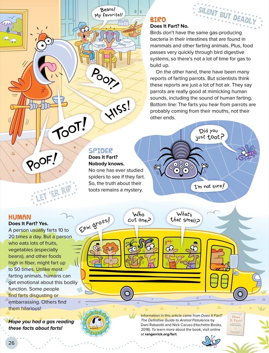 Illustrated farting facts about birds, spiders, and humans with a school bus scene