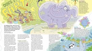 Magazine spread about animal flatulence with illustrated elephant, sloth, and tropical animals
