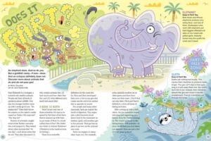 Magazine spread about animal flatulence with illustrated elephant, sloth, and tropical animals