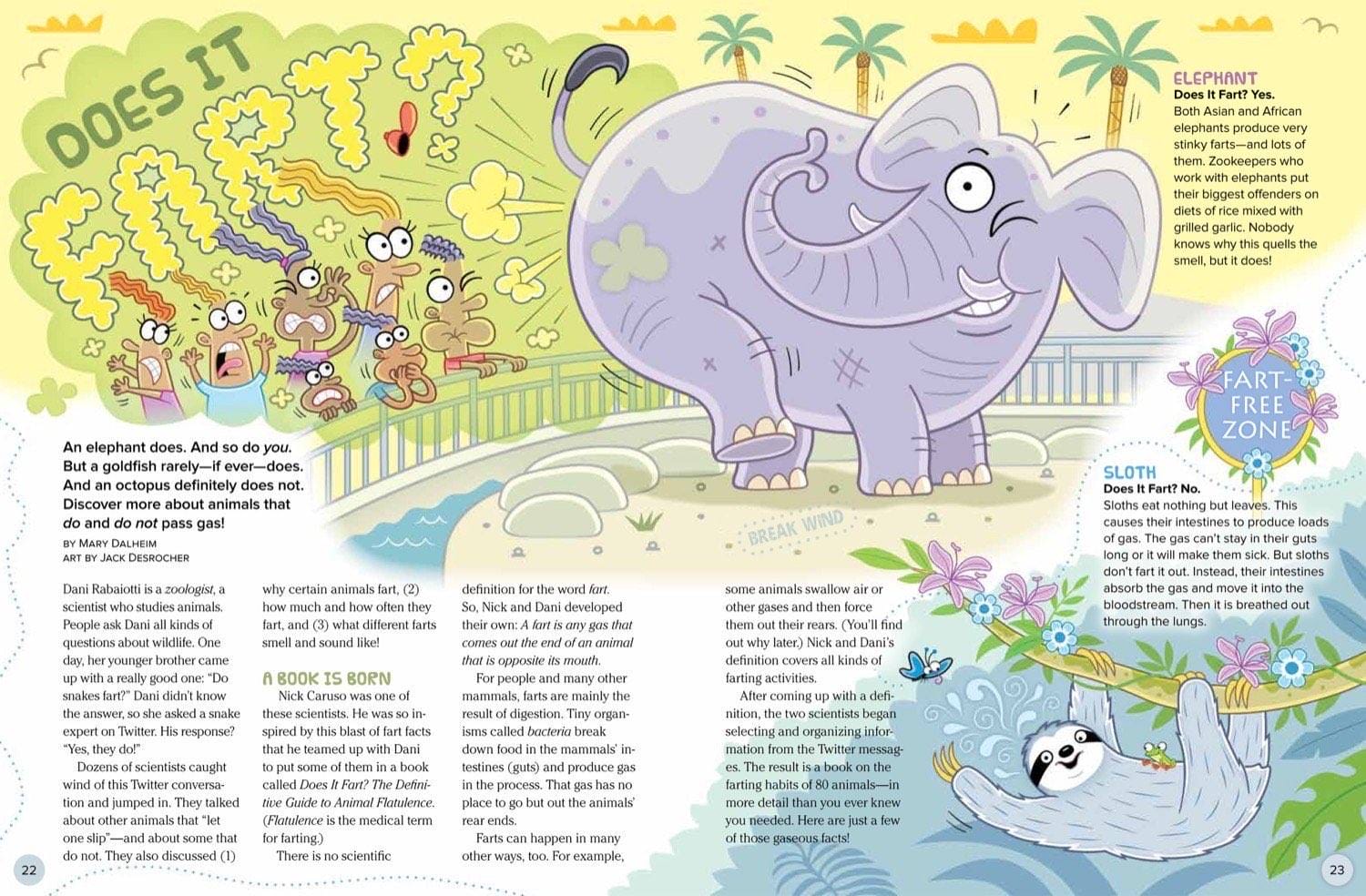 Magazine spread about animal flatulence with illustrated elephant, sloth, and tropical animals