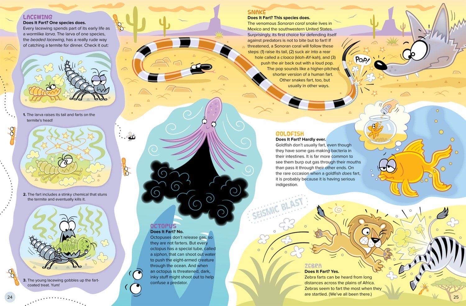 Illustrated animals and their farting facts including lacewing, snake, octopus, and zebra