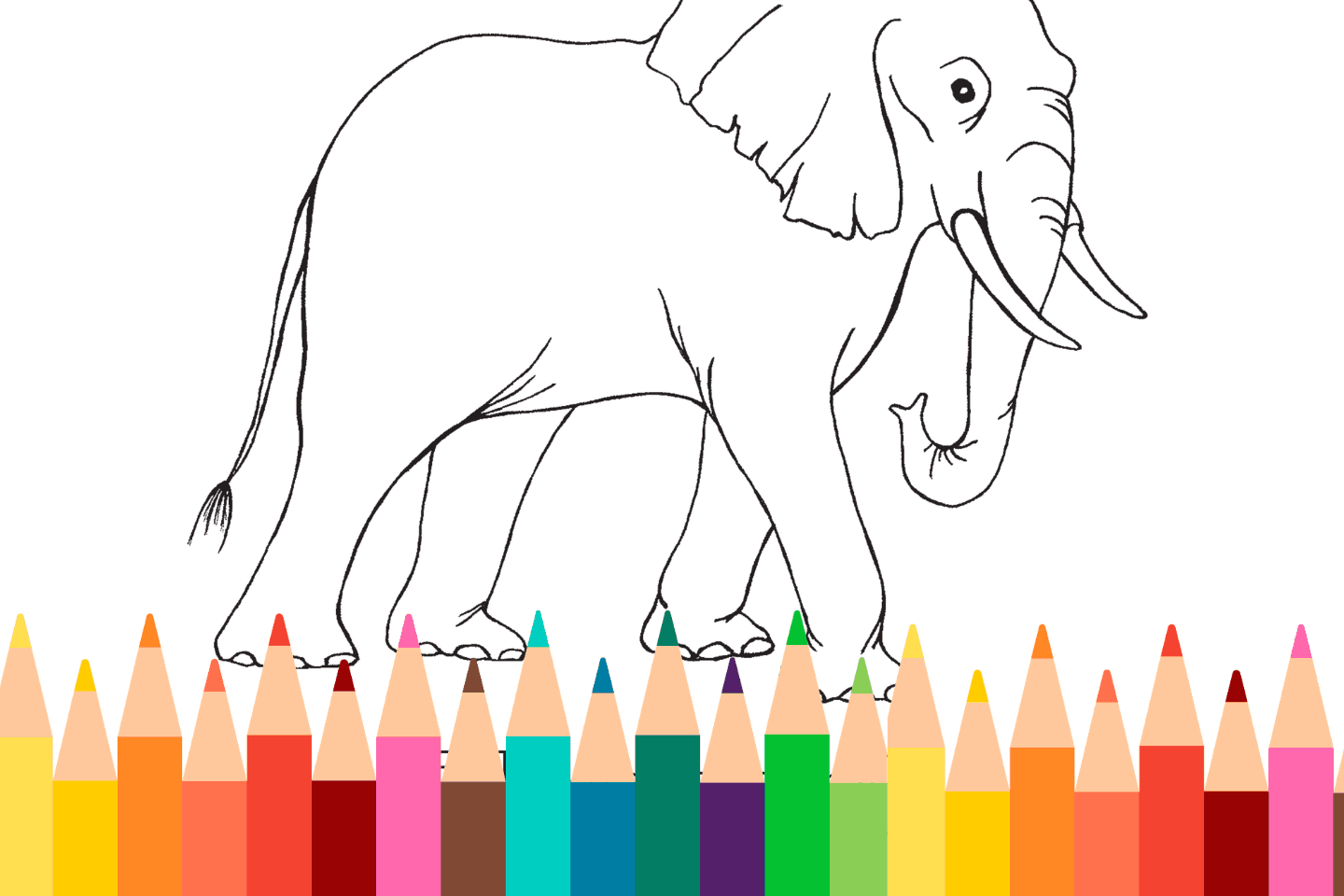 An elephant outline stands above a row of colorful crayons, ready for coloring.