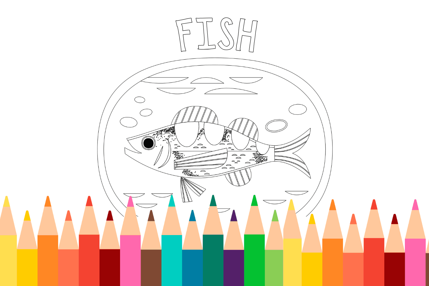 A coloring page with a fish in an oval, surrounded by bubbles and water lines. Colorful pencils line the bottom.