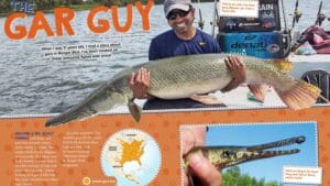 Magazine spread The Gar Guy with Solomon David holding huge gar and range map of North America