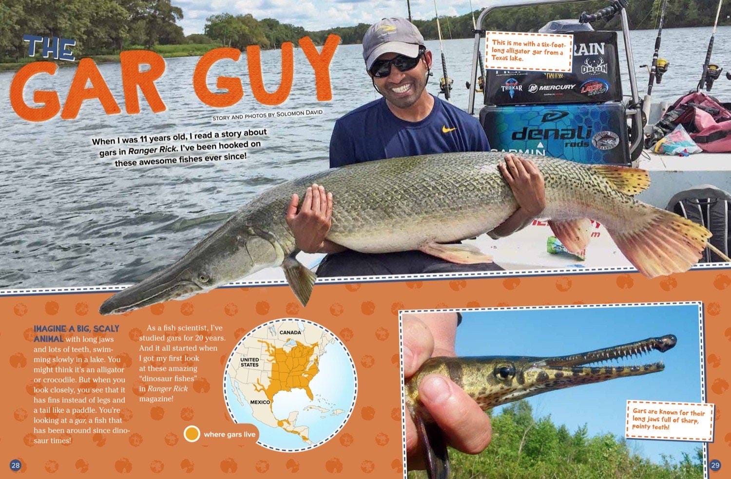 Magazine spread The Gar Guy with Solomon David holding huge gar and range map of North America
