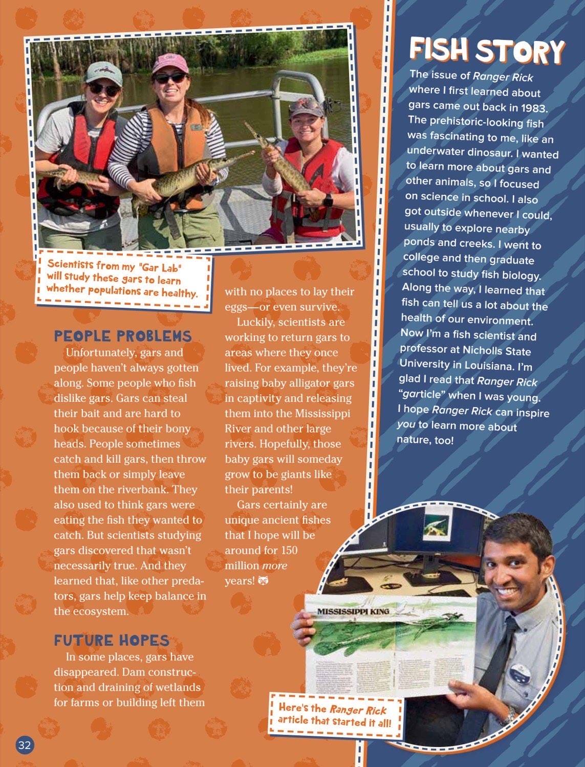 Magazine spread about gar conservation problems kayak research and Solomon holding Ranger Rick issue