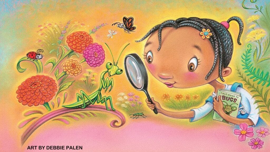 Illustrated girl examining insects with a magnifying glass among colorful garden flowers