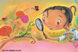 Illustrated girl examining insects with a magnifying glass among colorful garden flowers