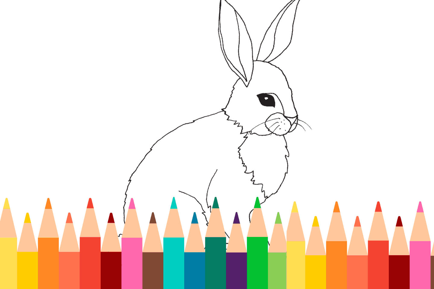 Outline of a rabbit with a black eye, sitting behind a row of colorful pencils.