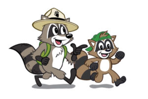 Ranger Rick and Ricky raccoon mascots running together with backpack and thumbs up