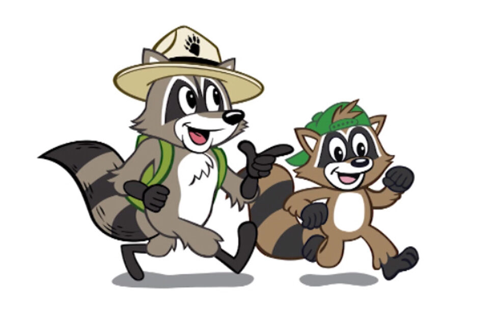 Ranger Rick and Ricky raccoon mascots running together with backpack and thumbs up