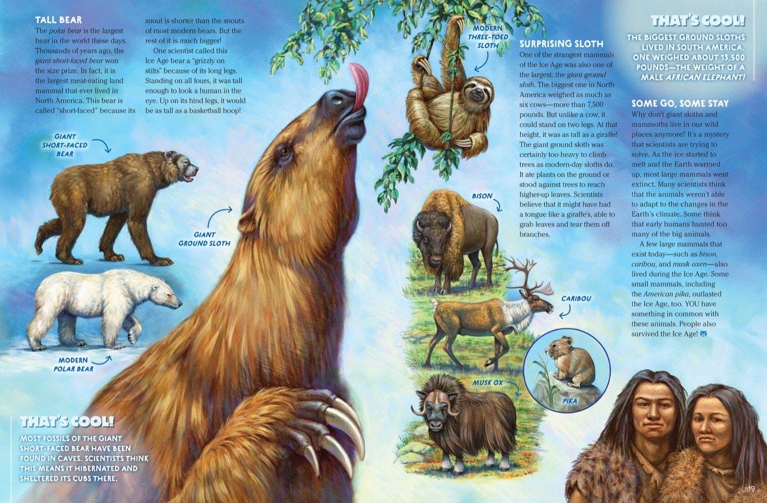 Magazine spread about dire wolves woolly mammoth La Brea tar pits and cave lion illustration