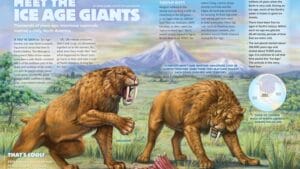 Magazine spread Meet the Ice Age Giants with smilodon sabertooth and mastodon fighting illustration