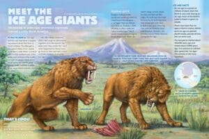 Magazine spread Meet the Ice Age Giants with smilodon sabertooth and mastodon fighting illustration