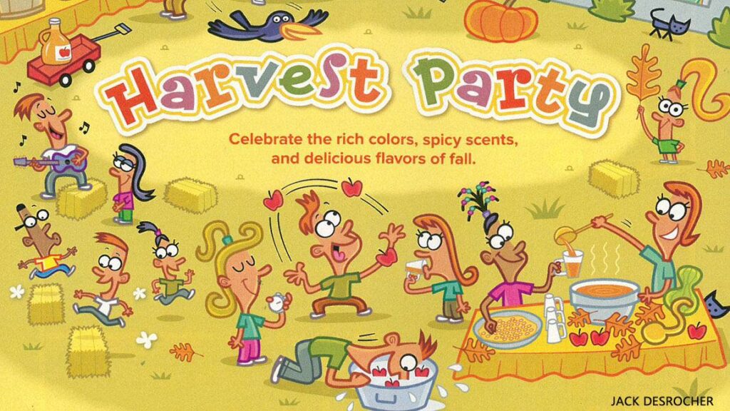 Cartoon Harvest Party with kids celebrating fall with pumpkins apple cider bobbing and corn maze