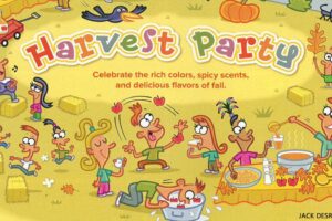 Cartoon Harvest Party with kids celebrating fall with pumpkins apple cider bobbing and corn maze