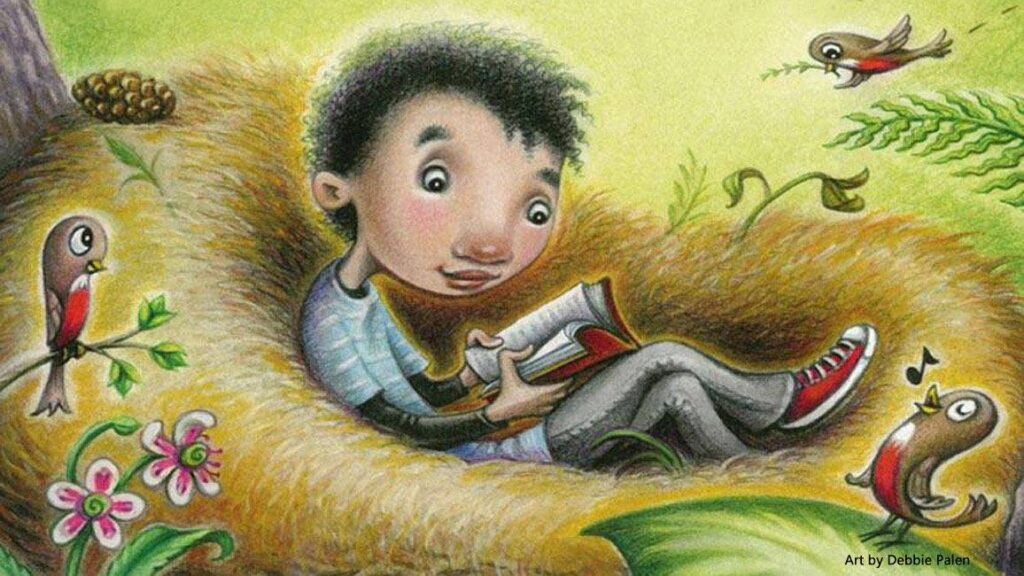 Illustrated boy sitting inside a giant bird nest reading a book with birds watching