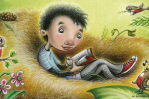 Illustrated boy sitting inside a giant bird nest reading a book with birds watching