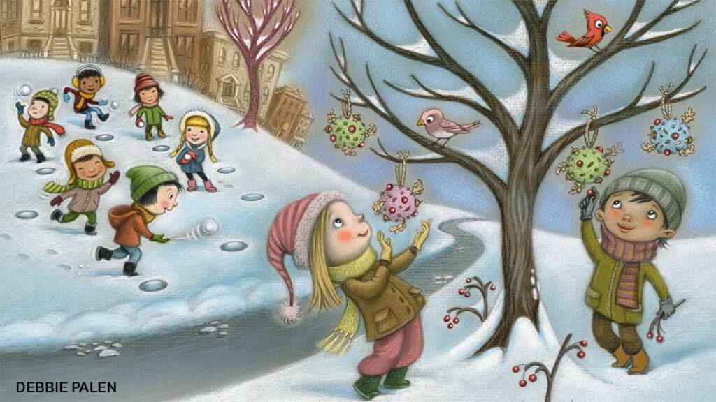Illustrated kids enjoying a perfect snow day in town with snowball fights and bird watching