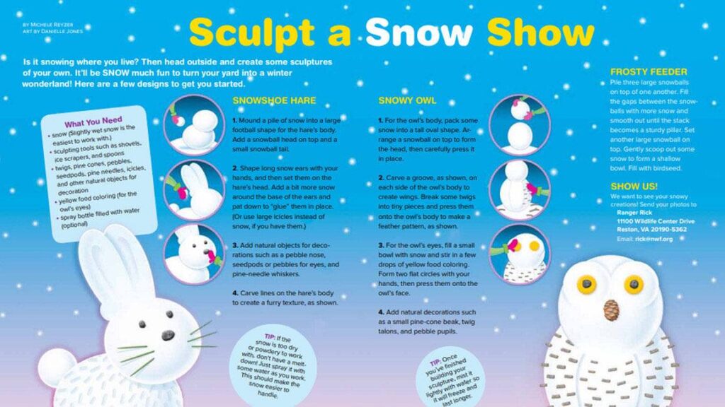 Ranger Rick magazine spread showing how to sculpt snow animals including penguin and owl