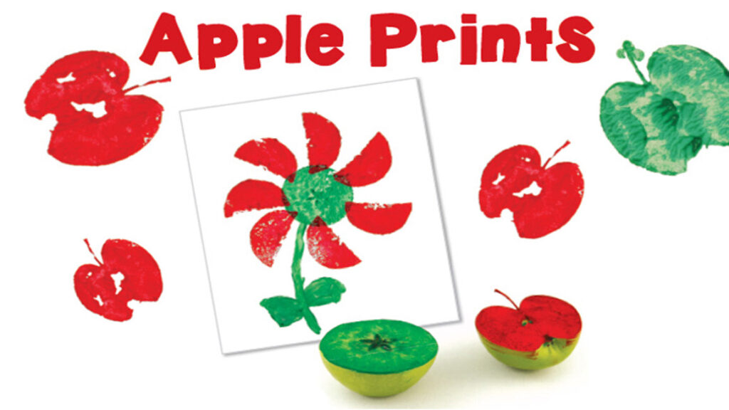 Apple stamp prints and a flower painting made using halved apples dipped in paint